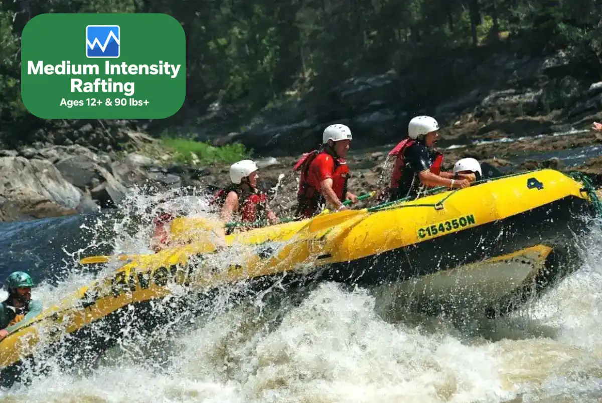 Group of rafters in a yellow inflatable boat riding white-water rapids, wearing helmets and life jackets, with a green 'Medium Intensity Rafting' badge in the corner.